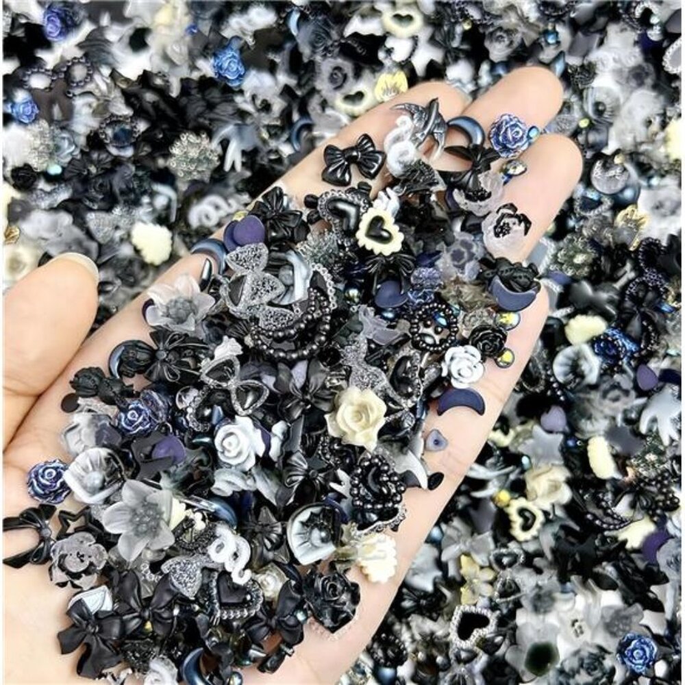 300Pcs 3D Mixed Gothic Dark Bow Nail Art Charms Resin Rose Mini Flower Moon